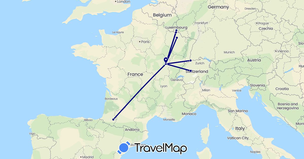 TravelMap itinerary: driving in Switzerland, France, Luxembourg (Europe)